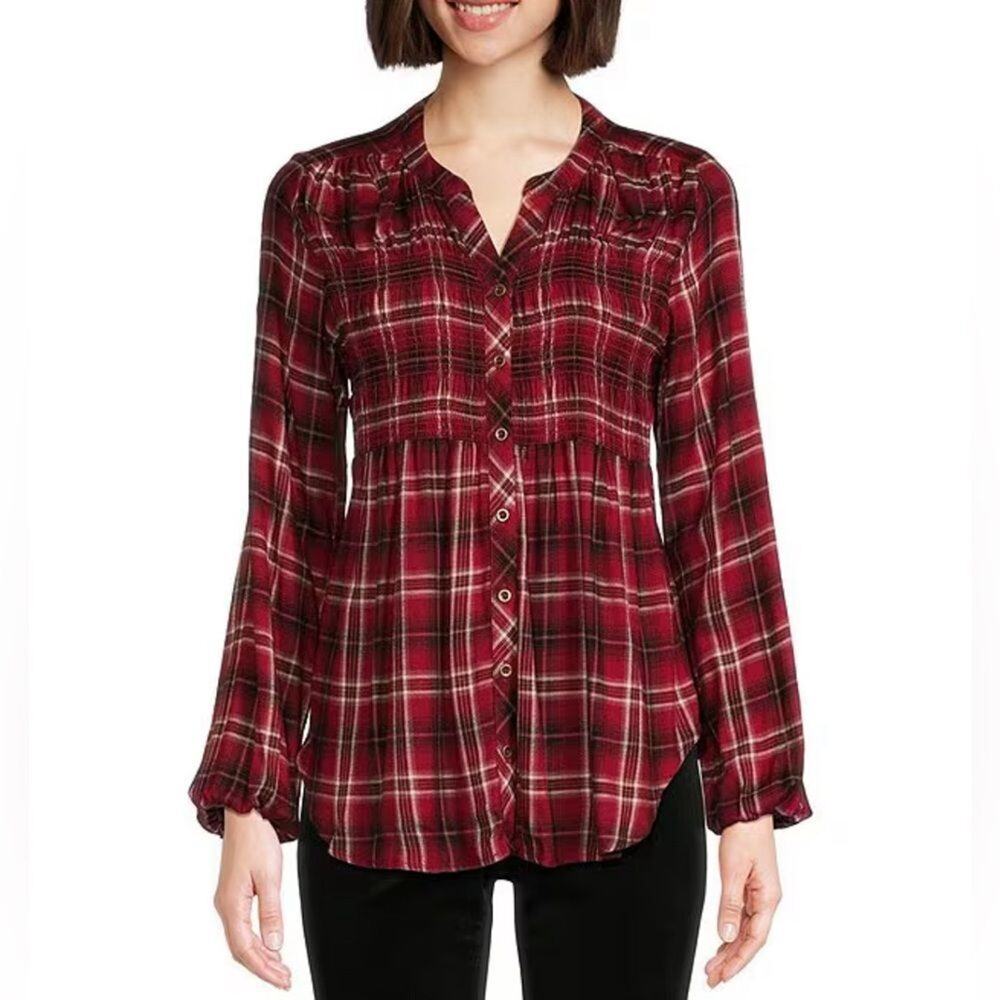 Nurture by Westbound Woven Long Sleeve Button Front Y-Neck Top Size M
